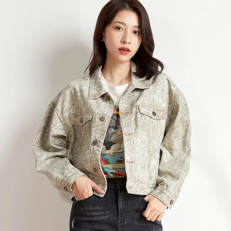 Женская короткая джинсовая куртка LEIJIJEANS модная свободная армейской расцветки с