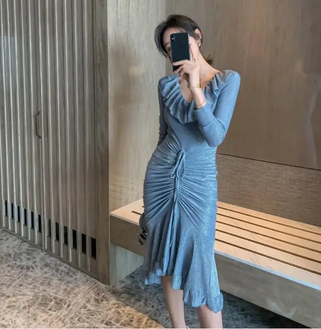 

2019 Autumn Fashion Light Blue Bodycon Dress Ruffle Collar Pleated Trumpet / Mermaid Irregular Party Dress Vestidos