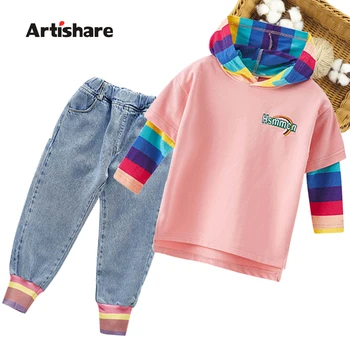 

Kids Clothes Girls Hoodies + Jeans Clothing For Girls Rainbow Stirped Girls Clothes Patchwork Tracksuits For Children