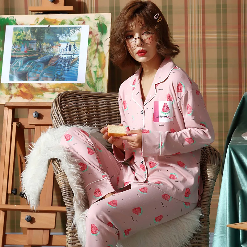 

Pajamas Women's Pure Cotton Long Sleeve Spring And Autumn Cardigan Cute Watermelon Simple Autumn Cotton Tracksuit Two-Piece Set