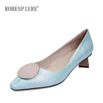 

ROBESPIERE Brand Women Pumps Autumn Square Toe Strange Heels Shallow Shoes Girls Metal Decoration Slip On Dress Party Pumps A122
