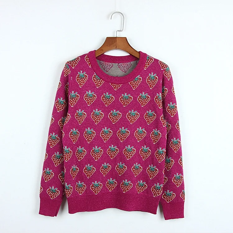 

2019 Fashion Strawberry Print Women Sweaters Pullovers Runway Long Sleeve Female Autumn Winter Knitted Sweater Jumper Clothes