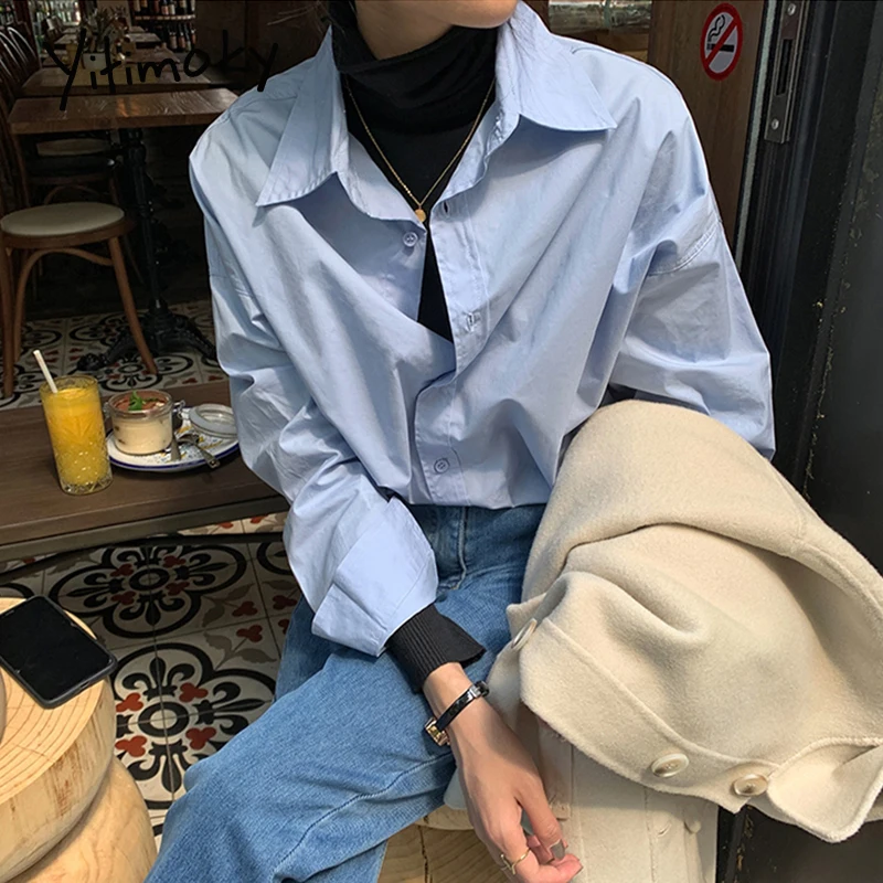 Yitimoky-camisa con botones para mujer, de talla grande Blusa de manga larga de algodón, Tops rosas, blancas y azules, ropa de oficina, novedad