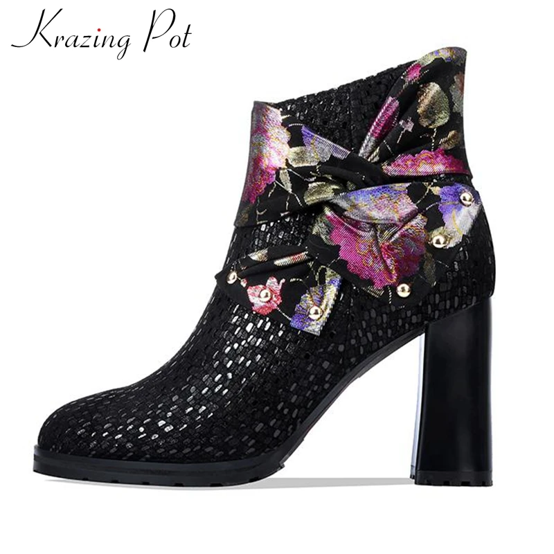 

krazing pot mixed colors print sheep leather round toe super high heels side Zipper winter mature gorgeous women ankle boots L59