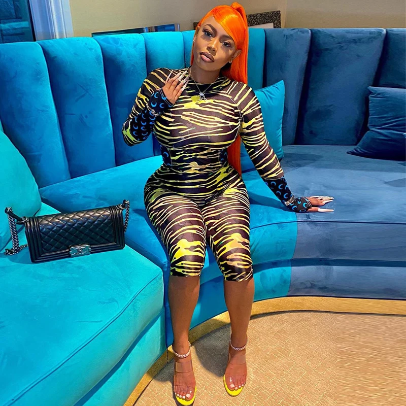 

Women Animal Print Jumpsuit High Street Sexy Bodycon Crop Jumpsuit Fall Streetwear Long Sleeve Crew Neck Skinny Romper Jumpsuit