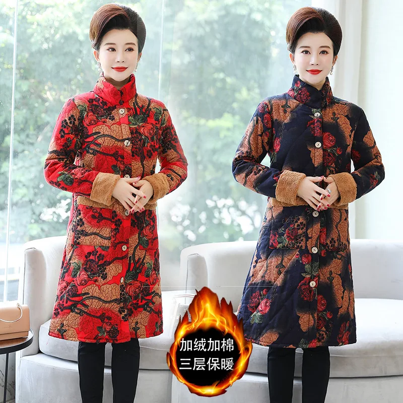 

390 # Photo Shoot 2019 Autumn And Winter Middle-aged Women Dress Cotton Linen Clip Woolen Cotton Overcoat Mid-length Cotton-padd