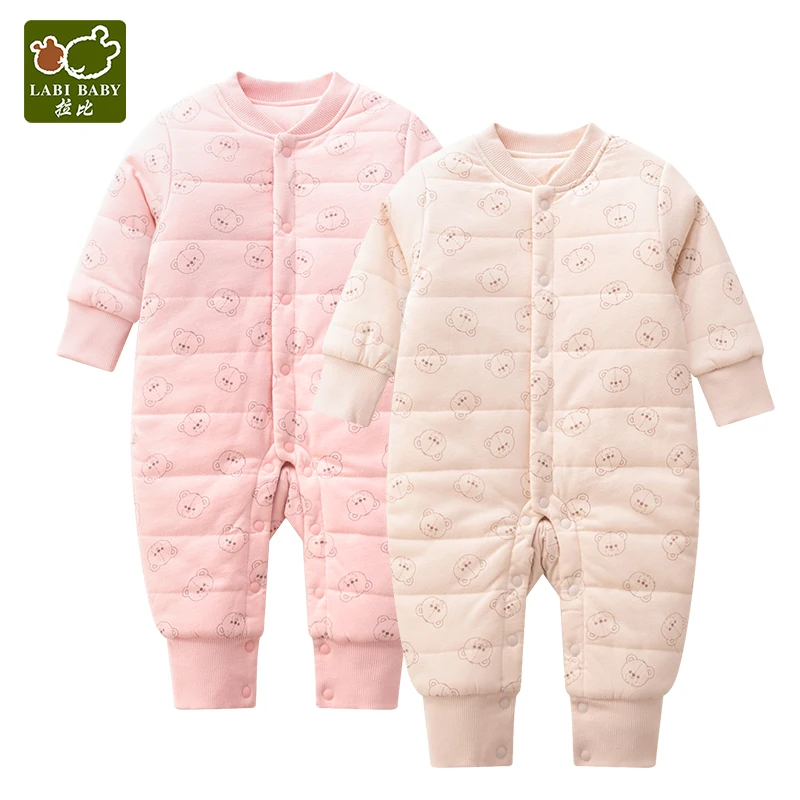 LABIBABY/Хлопковые комбинезоны с длинными рукавами для девочек, мягкие теплые комбинезоны, одежда для детей от 3 до 18 месяцев, унисекс, цвета хаки розовый, красный, милый медведь