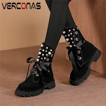 

VERCONAS New Autumn Winter Warm Women Mid-Calf Boots Pearl Lace-Up Shoes Woman Kid Suede Fashion Concise Casual Boots Female