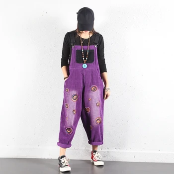

Corduroy Jumpsuits Women Big size embroidery hanging crotch Rompers Baggy Patchwork hiphop bib Overalls Bib Suspenders Bodysuits