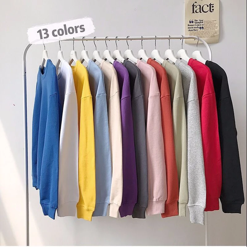 

Solid Round Collar Women Sweatshirt Oversize Cotton Keep Warm Hoodie No Hood Autumn And Winter Loose Pullover