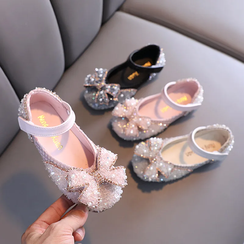 New Hot Sale Girls Bow Princess Shoes Sequin Rhinestone Children Dance Shoes Spring Autumn Flats Kids G47