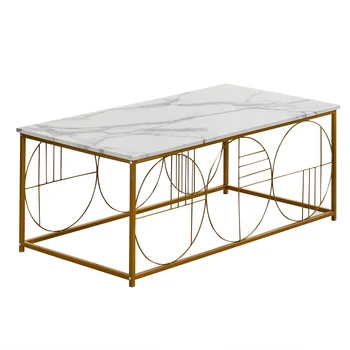 

Living Room Furniture Coffee Table Tea End Table 2 Pcs Set Marble Pattern Plate SofaSide Tea Table Home With Golden Metal Frame