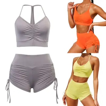 

Female 2 Pieces Tracksuit Halter Crop Top Ruched Drawstring Shorts Activewear