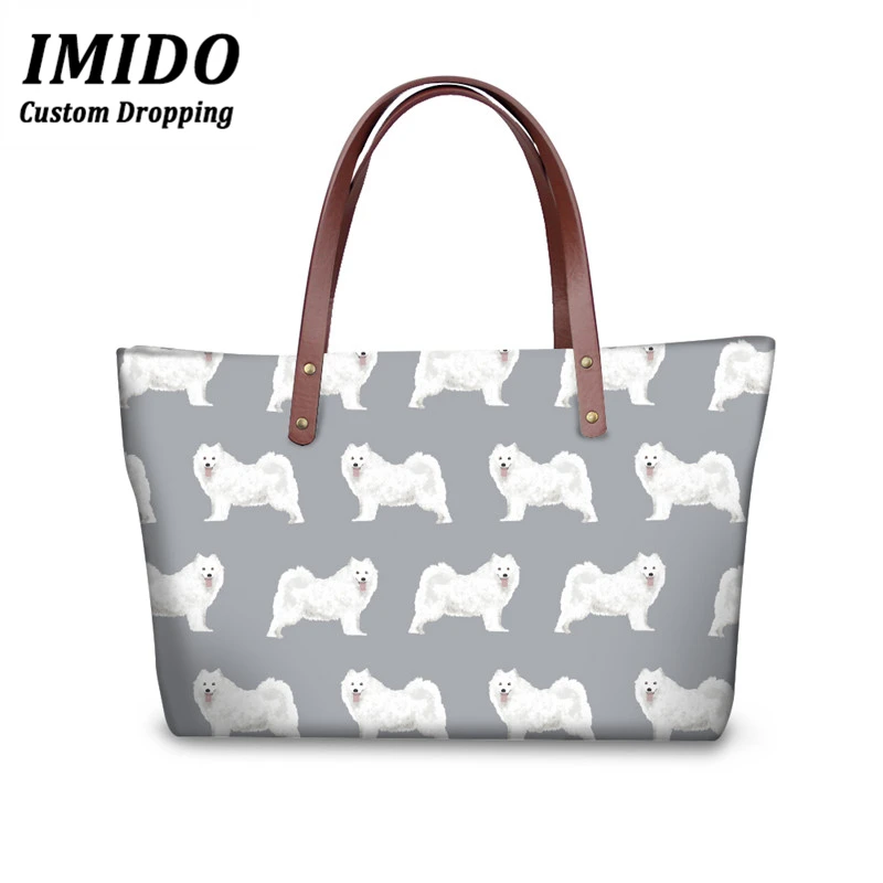 cheap IMIDO 2019 New Hangbags Women Cute Samoyed Printing Top Handle Bags Ladies Shoulder Tote Bags for Females Fashion Hand Tote Bag