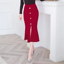 Брендовые качественные женские красные сексуальные юбки с разрезом осенне-весенние офисные женские эластичные высокая посадка на пуговице однотонная красная юбка русалки