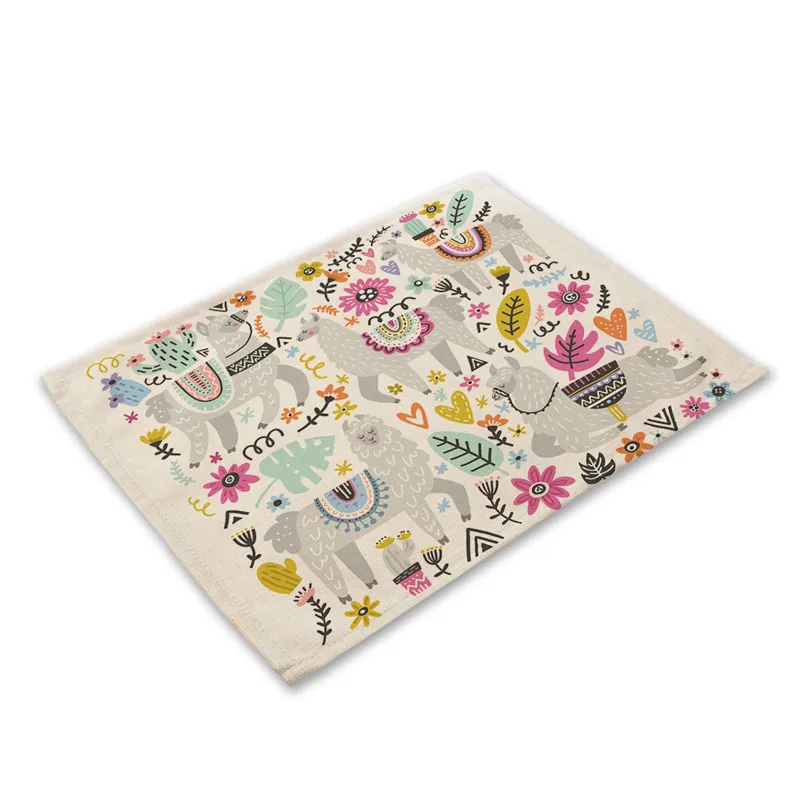 

Alpaca Pattern Kitchen Placemat Cute Animal Dining Table Mat Tea Coaster Cotton Linen Pad Bowl Cup Mats 42*32cm Coaster Set