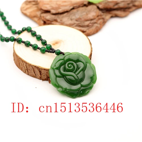 Carved Rose Jade Pendant Natural Chinese Green Beads Necklace Charm Jadeite Jewellery Fashion Lucky Amulet Gifts for Women