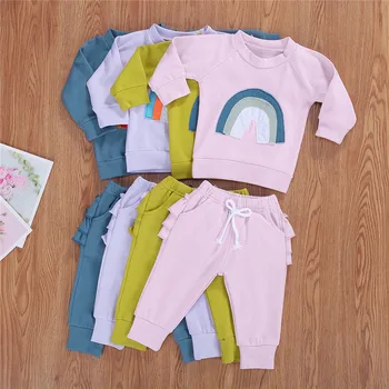 

Autumn Spring Baby Girl Shirt Pants Suit Rainbow Printed O-Neck Long Sleeve Lace-up Layered Ruffle Pants Child Girl Clothes