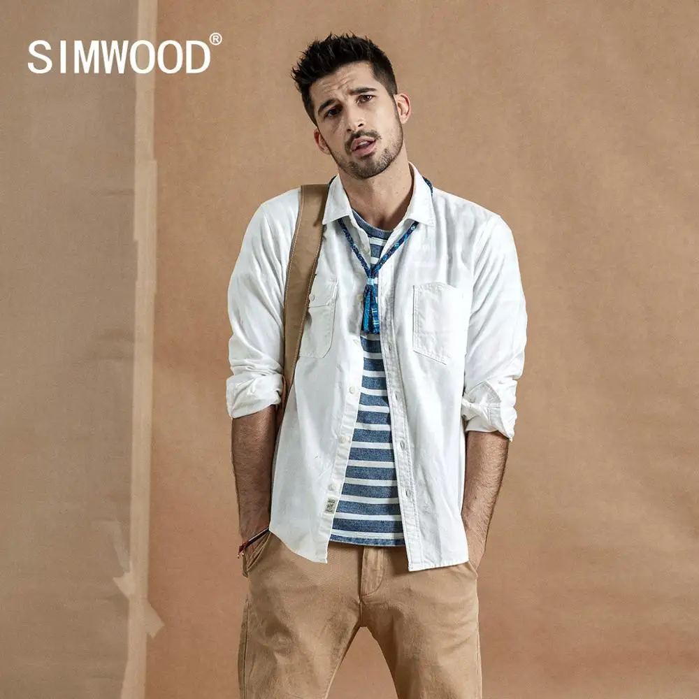 

SIMWOOD 2020 spring New Cargo Pocket Shirt Men 100% Cotton Causal Long Sleeve Shirts Plus Size High Quality Clothing 190376