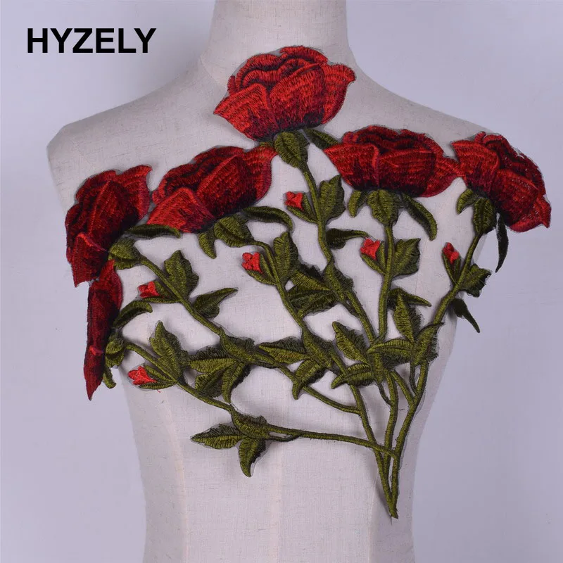 

Red Rose Flower Embroidered Lace Fabric sewing DIY Applique Cord Dress Guipure Decor NL428