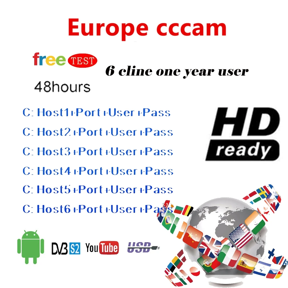 Быстрый и стабильный CCcam Cline/Европа для 1/2 года Испания V7s/8 + спутниковый ТВ