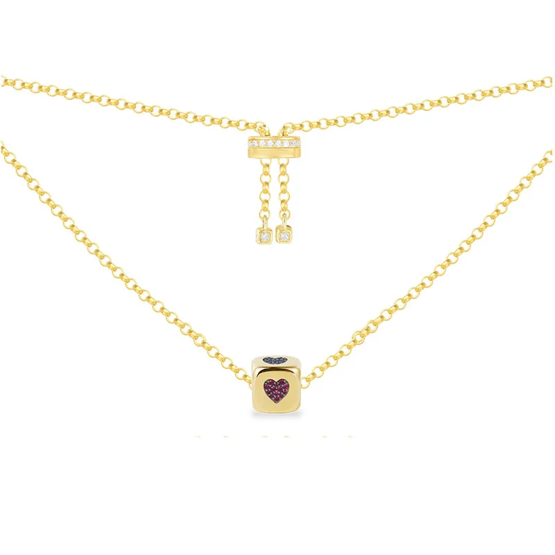 

SLJELY Fashion Yellow Gold Color Real 925 Sterling Silver Zirconia Multicolor Love Hearts Dice Adjustable Necklace Women Jewelry