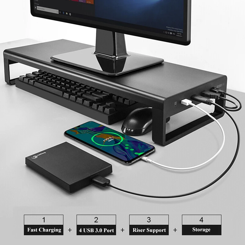 VAYDEER Support Moniteur PC Double avec 4 USB Ports, Rehausseur
