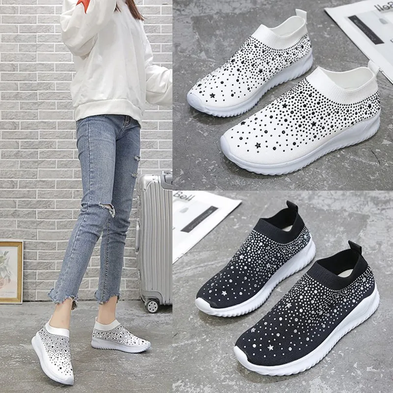 

Women's Ladies Ankle Shoes Woman Flat Loafers Crystal Fashion Bling Sneakers Casual Slip on Breathable Casual Shoes Zapatillas