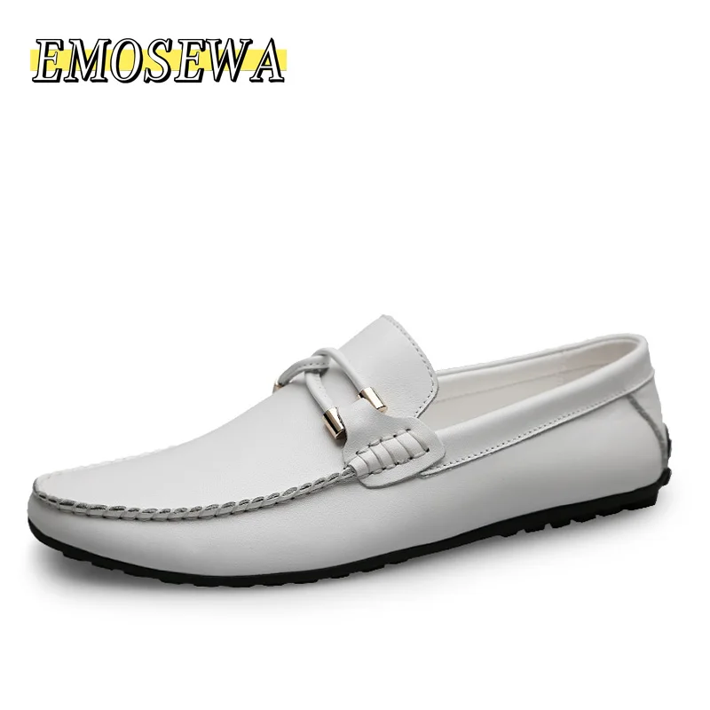 White Glossy Мужские лоферы; повседневные кроссовки из натуральной кожи; мужские модные водонепроницаемые Мокасины с перфорацией; мягкая модельная обувь для вождения; Мужская обувь; chaussure homme - Цвет: White Glossy