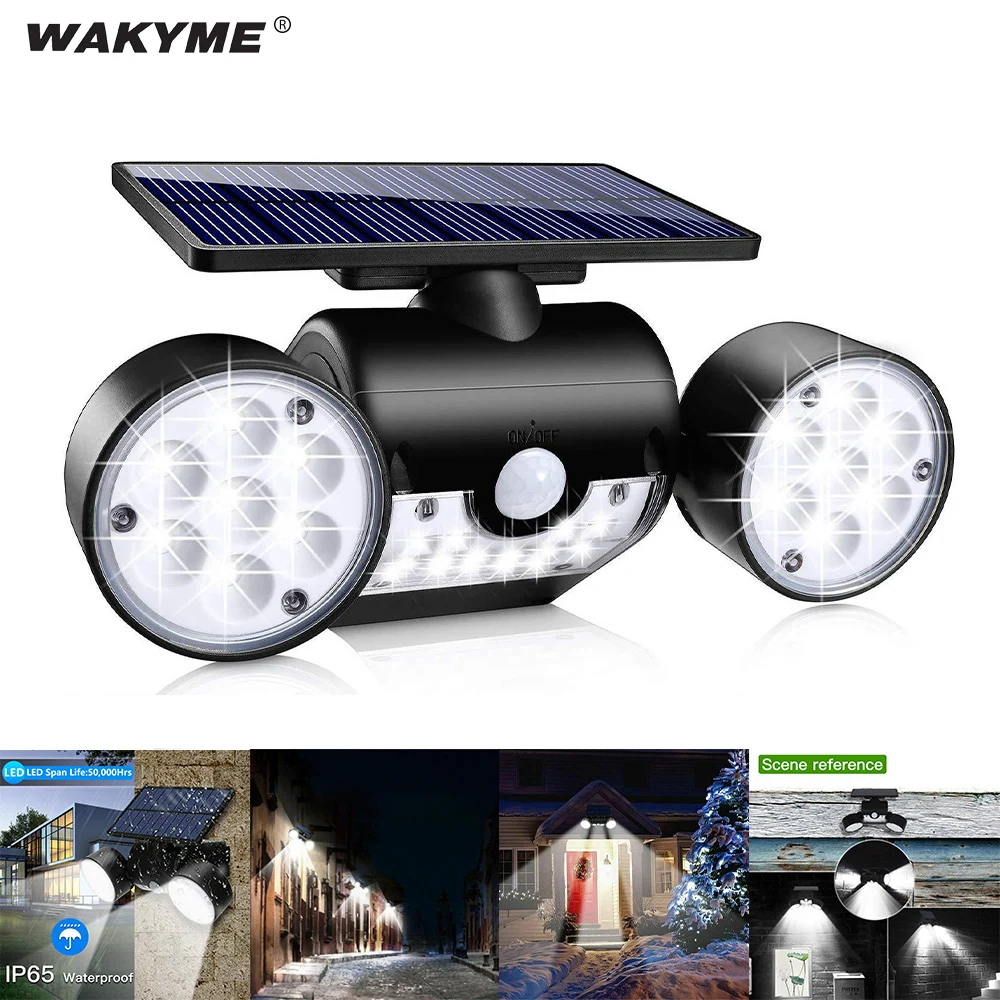 

WAKYME 30 LED Solar Light Waterproof PIR Motion Sensor Wall Lamp Solar Powered Adjustable Angle Dual Head Garden Spotlight