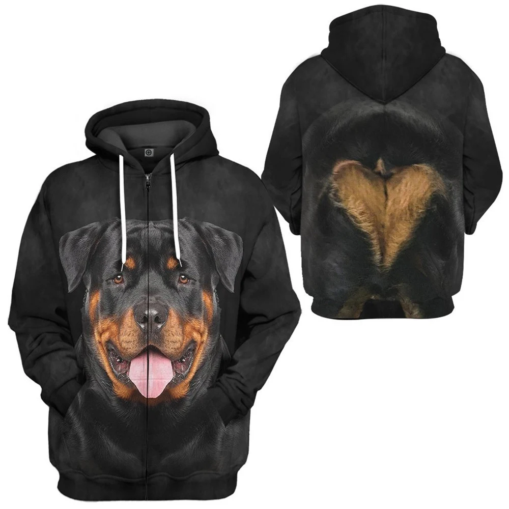 

HX Rottweiler Zip Hoodies 3D Graphic Front and Back Printed Sweatshirts Fashion Casual Streetwear Harajuku Men Clothing