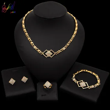 

Yulaili Wedding Jewelry Sets for Women Square Shape Crystal Rhinestones Necklace Earrings Bracelet Ring Bridal Jewellery