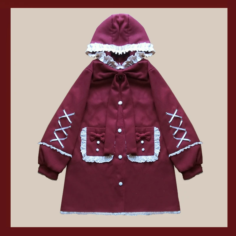 Зимнее милое пальто в стиле Лолиты, винтажное пальто с воланами, бантом и рукавами-фонариками, милое пальто плюс бархатное утепленное пальто в готическом стиле Лолиты - Цвет: Красный