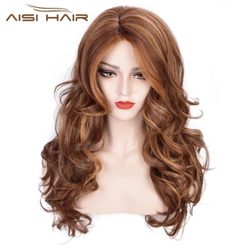 

AISI HAIR 22inches Side Part Natural Wave Long Wig Mixed Brown and Blonde Wig Synthetic Wigs for Black Women Cosplay Women
