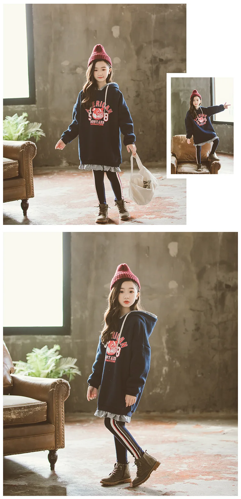 Костюмы для девочек; Корейская Вельветовая толстовка с капюшоном; повседневные платья с длинными рукавами для девочек; цвет синий, черный; зимняя теплая одежда для девочек-подростков