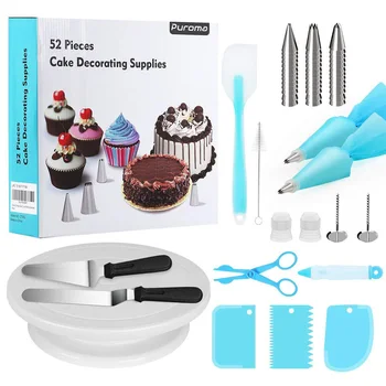 

52pcs Professional Turntable Cake Decorating Kit Pastry Tube Frosting Baking Non Stick Tool Piping Bags Fondant Cookies Scrapers