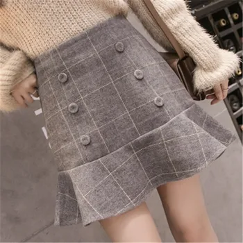 

CBAFU Double Breasted Plaid Mermaid Skirts Women High Waist Short Skirts Autumn Winter Mini Skirts Vintage Harajuku Office F853