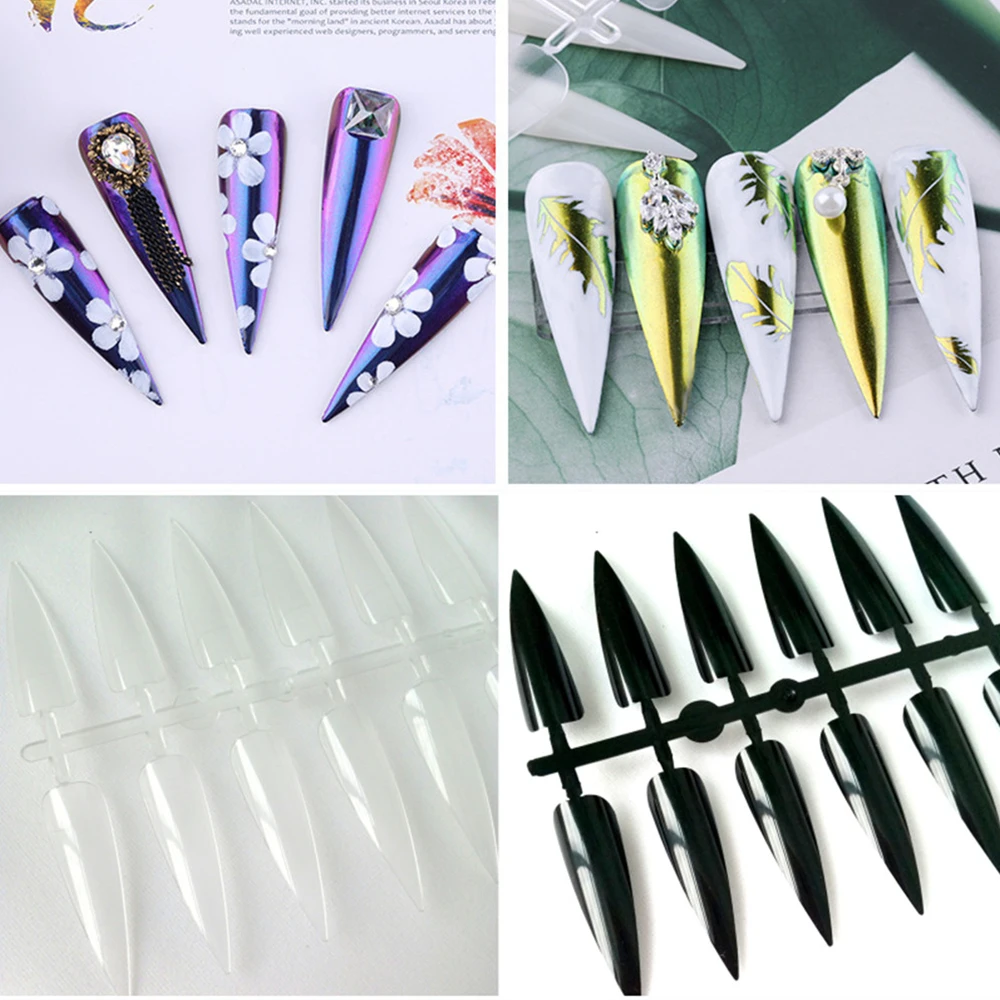 

120pcs Long Stiletto Nails For Practice Artificial DIY Salon Nail Palette Clear/ Black Acrylic Display Nail Art Tips