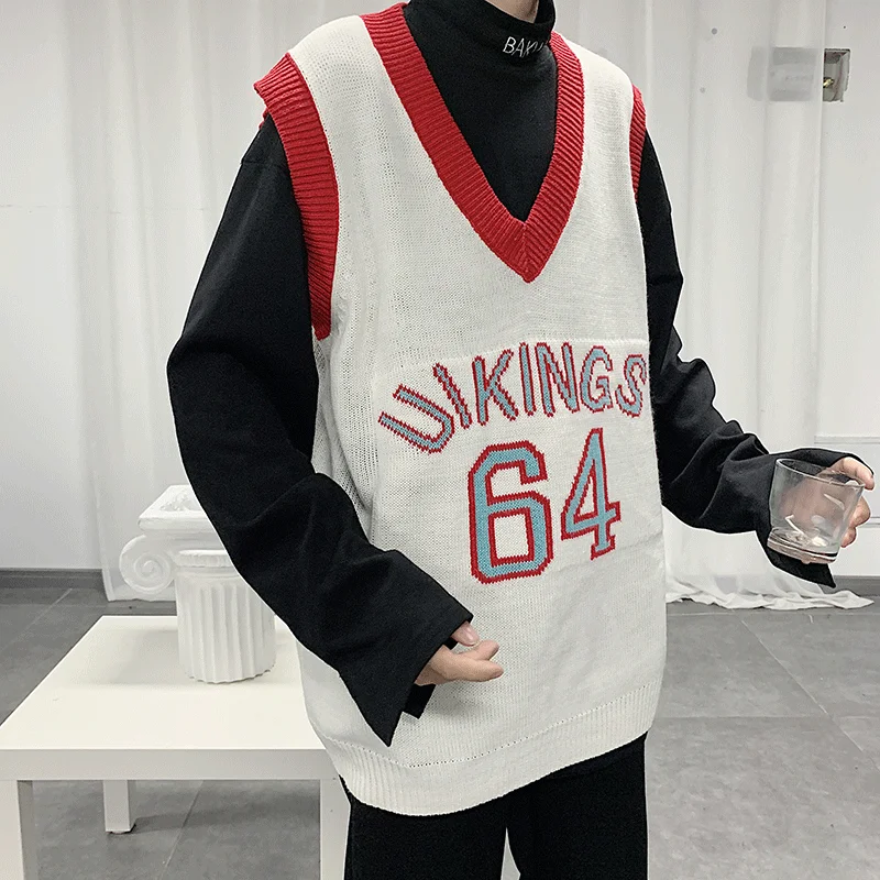 Ulzzang без рукавов мужской свитер осень зима Ins Harajuku стиль Bf студенческий жилет для пары свитера Sueter De Hombre
