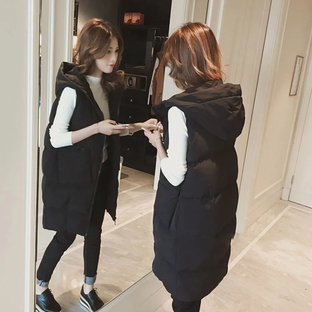 JAYCOSIN ladies new fashion stand collar wild long vest casual solid color warm hooded cotton vest autumn and winter hot jacket