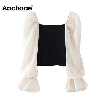 

Women Stylish Knit Patchwork Blouse Butterfly Long Sleeve Chic Shirt Female Square Collar Elegant Blouse Tops Blusas Feminina