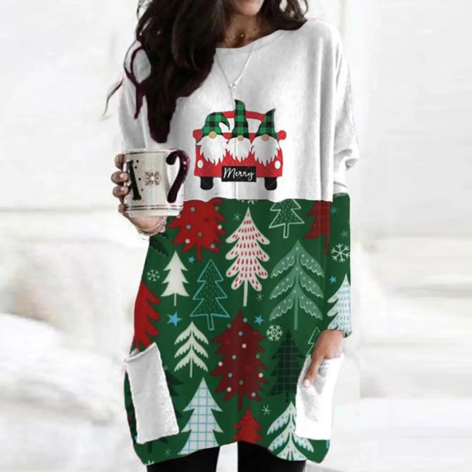 Autumn Women's Clothing Loose Long Sleeve Pocket Christmas Santa Claus Printed Sweatshirts O-Neck Splicing Tops Female Pullover 2