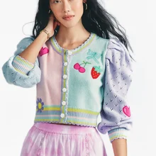 

2022 Fashion Embroidery Cherry Strawberry Cardigan Round Neck Slim Single-breasted Jacket Casual Knitted Cardigan Sweater Women