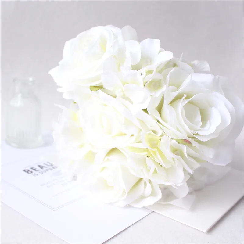 YO CHO 7Heads Silk Roses Wedding Bouquet Artificial Flower Mini Silk Flowers Autumn Farmhouse Home Decor Rose Wedding Decoration - Цвет: White