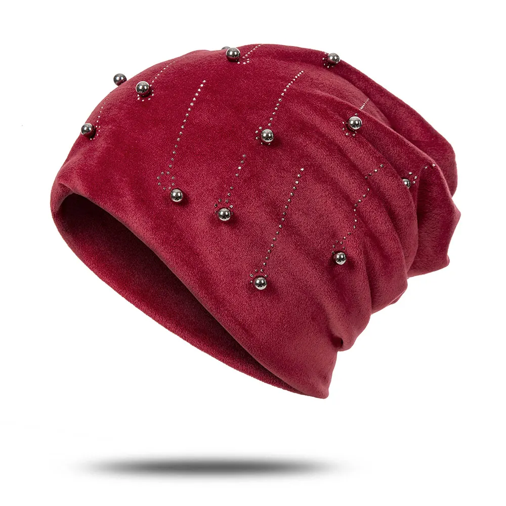 Winter Woman Hat Suede Soft beanie Hat for Women Solid Color Pearl Fashion Winter Warm Hat