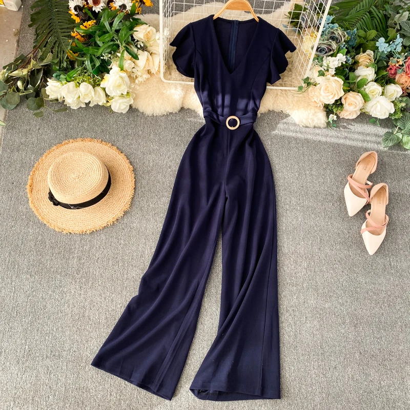 Alphalmoda женский комбинезон,, гофрированный короткий рукав, металлическая пряжка, ремень для широкой талии, летние модные комбинезоны