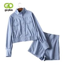 GOPLUS Blue Short Women's Suit Two Piece Set Plus Size Outfits Tops and Shorts Linen Women Clothes Conjuntos De Mujer 2019 C9550