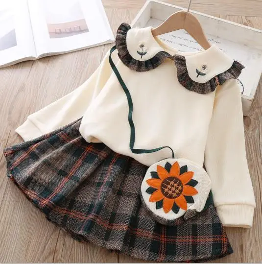 Baby Girls Clothing Set Skirt Suit Tutu Short Skirt+ Long Sleeve shirt Bag 3 pieces Children outfits Kids Girl wear 4 5 years - Color: beige