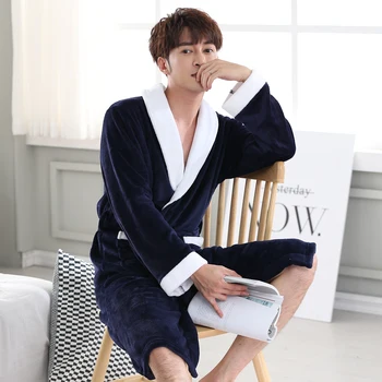 

Men Navy Blue Bathrobe Gown Autumn Winter Coral Kimono Robe Warm Sleepwear Nightwear Short Flannel Home Clothing Soft Negligee