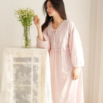 

Ladies Autumn Lace Sleepwear Thin V-neck Bow Long Sleeves Solid Color Palace Style Casual Home Wear Long Cotton Nightdress